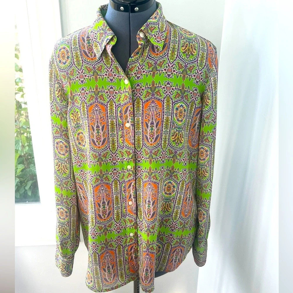 Ralph Lauren Chaps Vintage  Sz L Sheer Paisley Lime & Orange Button Up Blouse